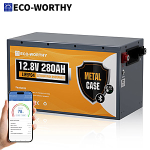 ECO-WORTHY 3584Wh 12V 280Ah Metal Case LiFePO4 Battery w/Bluetooth & Low Temp Cutoff - Built-in 200A BMS $260 + Free S/H