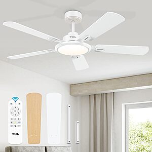 TCL Ceiling Fans with Lights, 52 Inch Ceiling Fan with Light and Remote Control, Reversible DC Motor, Noiseless, Dimmable 36W LED, Modern Ceiling Fan White or Black $70.99