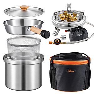 Camping Cookware Set with Stove, Stainless Steel Outdoor Cooking Kit with Pot, Strainer Pot, Frying Pan, Adapter and Storage Bag for Camping, Hiking, Backpacking $29.99