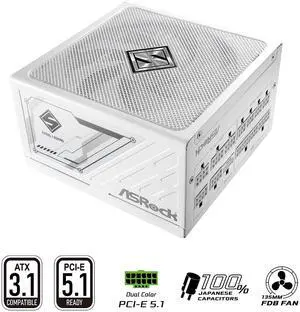 ASRock Steel Legend SL-850GW 850W 80 PLUS GOLD & Cybenetics PLATINUM Full Modular Power Supply, ATX3.1 & PCIe5.1 Ready with Dual Color 12V-2x6 Cable, 10 Years Warranty, White Edition