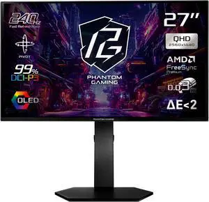 ASRock Phantom Gaming 27 inch QHD 2K 1440P 240Hz AMD FreeSync Premium 0.03ms HDR10 OLED Gaming Computer Monitor with Height Adjustable, Swivel, Pivot & Tilt Stand PGO27QSA