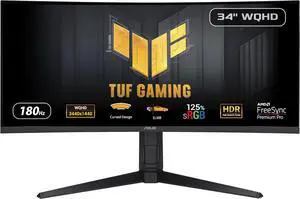 ASUS TUF Gaming 34 inch UltraWide QHD 2K 1440P 180Hz AMD FreeSync Premium Pro (Adaptive Sync) 1ms HDR400 ELMB Curved Gaming Computer Monitor with Height Adjustable, Swivel & Tilt Stand VG34VQL3A