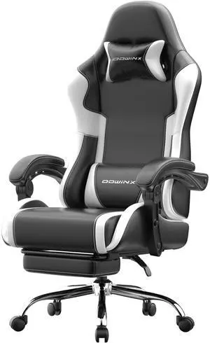 Dowinx Ergonomic Gaming Chair with Footrest, Reclining Office Chair with Massage Lumbar Support, Adjustable Height & Headrest Pillow, Heavy Duty 330lbs, Comfortable for Streaming Long Gaming, White