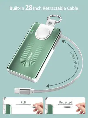 Idealforce 10000mAh Fast Charging Power Bank, Retractable Built-in Cable Portable Charger, High Capacity External Battery Pack with Cables for Apple Watch & iPhone & Android & More Green