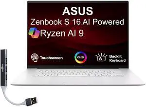 ASUS Zenbook S 16 AI Powered Laptop 16.0" Touchscreen OLED 2.8K Display (AMD Ryzen AI 9 365, 24GB LPDDR5X, 1TB PCIe SSD, AMD Radeon 880M, Backlit KB, WiFi 7, Win 11 Pro) w/DKZ USB Port Expander