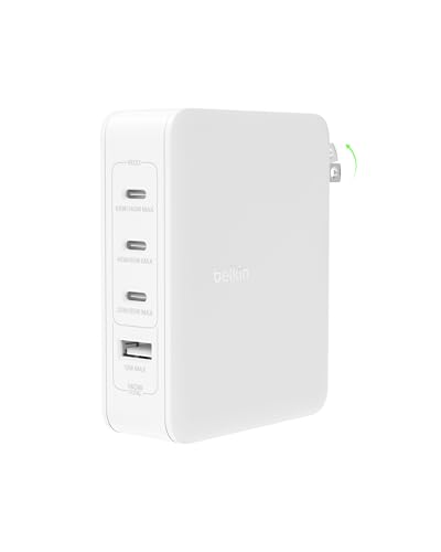 Belkin 4-Port Charger Block 140W, GaN Charger USB-C Power Delivery Fast Charge & USB-A Port - MacBook, Apple iPhone 17, Air, iPad, Samsung Galaxy S25, Google Pixel 10, Nintendo Switch 2 & More - White