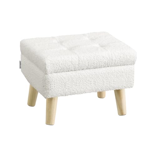 SONGMICS Storage Ottoman, Foot Stool, Ottoman with Padded Seat, Foot Rest with Wood Legs, Small Table, for Hallway, Living Room, 11.8 x 15.7 x 11.4 Inches, Teddy Fleece, Cream White ULOM518WD01