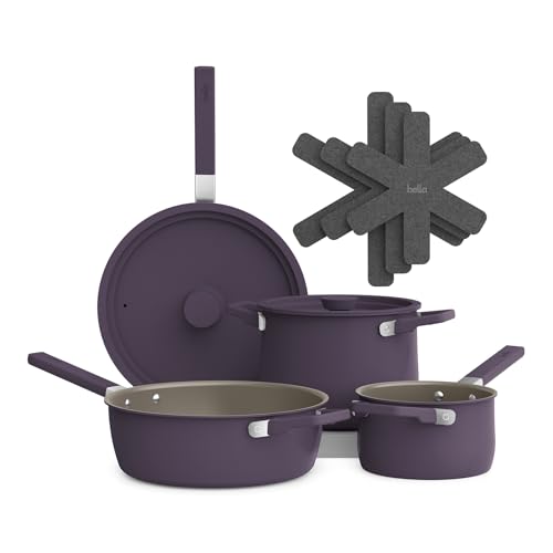 bella 9 Piece Ceramic Nonstick Cookware Set, Fits-anywhere™ Kitchenware w EverGood™ Coating, Dishwasher & Oven Safe, All Stovetops Compatible, Stackable Design, Cool Touch Handles, Plum