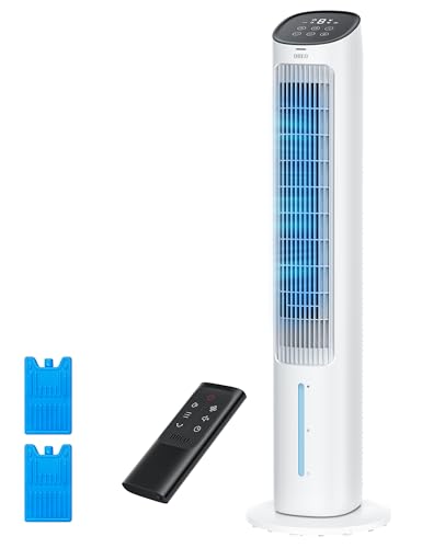 DREO Evaporative Air Swamp Cooler, 40” Standing Fans that Blow Cold Air, 80° Oscillating Bladeless Cooling Fan for Bedroom, Removable Water Tank, Ice Packs, Remote Control, 4 Speeds, 7H Timer, White