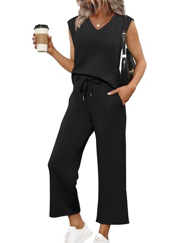 Sampeel Two Piece Sets for Women 2026 Summer Comfiest Airport Outfits Lounge Set Soft Matching Sets Spring Fashion Clothing Trendy Beach Vacation Clothes Cruise Outfits Black M