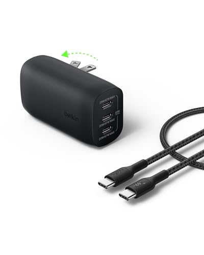 Belkin Gaming USB C Cable 60W + 3-Port USB C Wall Charger 67W w/GaN Technology Bundle for Nintendo Switch 2, iPhone 16, Samsung Galaxy S25 Ultra, Google Pixel, iPad MacBook, & More - Home & Travel