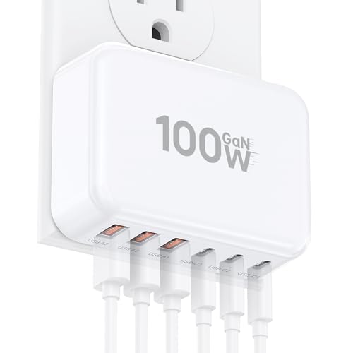 Fast Charger Block, GaN 6 Port USB C Charging Station Hub Cube, 100W Multiport Type C Wall Charger Power Strip Plug with PD 3.0+QC for iPhone13 14 15 16 17 Pro Max XR XS 8 7, Samsung, iPad, Table