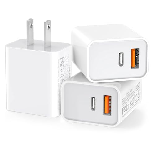3 Pack USB C Wall Charger, 20W Durable Dual Port QC+PD 3.0 Power Adapter, Double Fast Plug Charging Block for iPhone 14/15/16/17 Pro/Pro Max/Plus, XS/XR/X, Watch Series 8/7 Cube,White