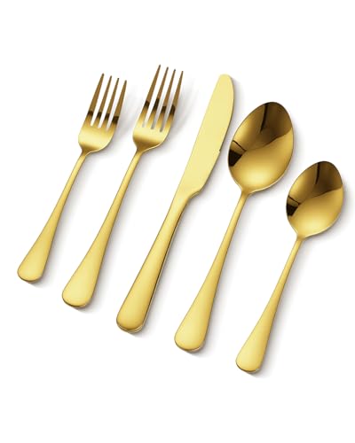 VEVOR 60-Piece Gold Silverware Set, Food-Grade Stainless Steel Flatware Utensils for 12, Mirror Finished Cutlery Set, Dishwasher Safe Eating Tableware for Kitchen Home, Include Knife Fork Spoon