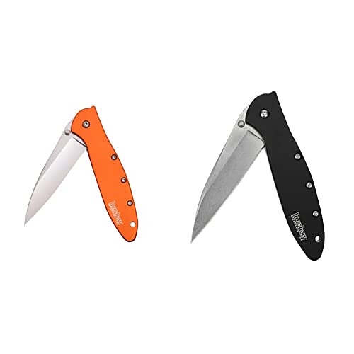 Kershaw Leek, Orange Pocket Knife, 3” Bead-Blasted High-Performance Sandvik 14C28N Steel Blade & Leek, Stonewashed Pocket Knife 3” Stonewashed High-Performance Sandvik 14C28N Steel Blade; 2.4 OZ