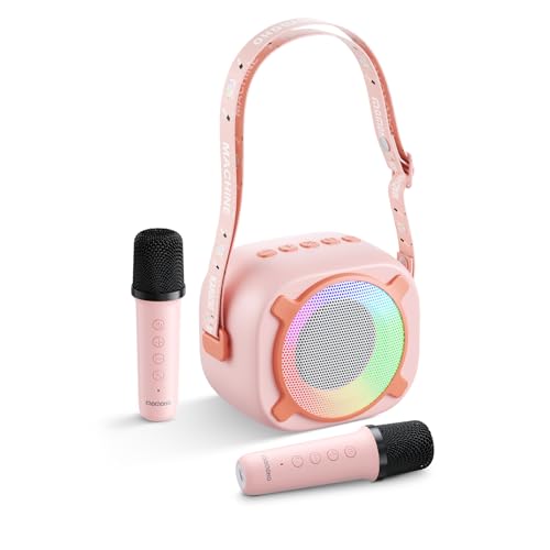 MOMOHO Karaoke Machine for Kids, Mini Portable Bluetooth Speaker with 2 Wireless Microphones and Party LED Lights for Girls Boys Family, Support USB/AUX/TF Card for Birthday Gifts Home Party