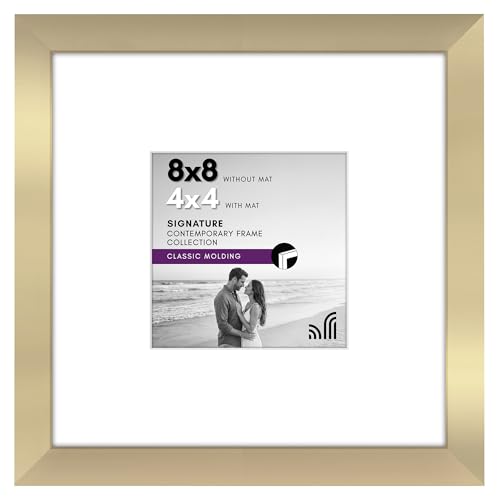 Americanflat 8x8 Picture Frame with Shatter-Resistant Glass - Use as 4x4 Frame with Mat or Display 8x8 Photo Without Mat - Signature Collection - Square Frames for Tabletop and Wall Display - Gold