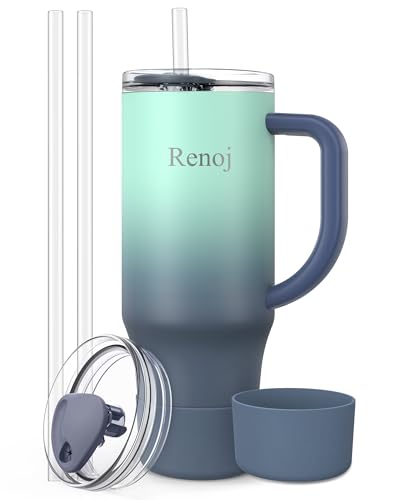 Renoj Insulated Mug 100% Spill Resistant Insulated Water Bottle for Iced Coffee & Hot Drinks - Fits Car Cup Holder, Ideal Gift, 2 Straws & Silicone Boot - FlexSlide Blue Gradient 32 oz