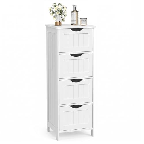 VASAGLE Floor Storage Cabinet, Freestanding Storage Organizer with 4 Drawers, 11.8 x 11.8 x 32.3 Inches, for Living Room, Bathroom, Dining Room, Kitchen, Modern Style, Cloud White ULHC040WH01S