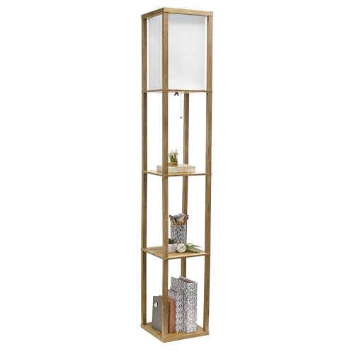Simple Designs LF1038-WOD 62.5" Modern 3 Tier Standing Floor Lamp Etagere Organizer Storage Shelf with Linen Shade for Home Décor, Living Room, Bedroom, Office, Light Burnt Oak