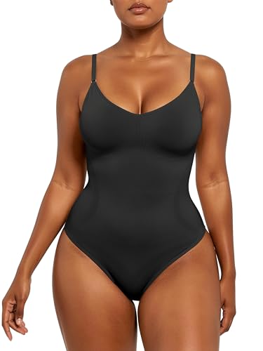 Xcutting Women's Seamless Shapewear Bodysuit Tummy Control Body Shaper - V-Neck Cami with Thong Brief Comfortable Fit for All-Day Wear Waist Shaping Jumpsuit Shaping (Black Thong, Large)