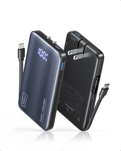 INIU Portable Charger, Ultra Slim 45W Fast Charging Power Bank with Built-in AC Wall Plug, 10000mAh GaN 3-in-1 Battery Pack for Flight-Safe Travel, for iPhone 17 16, Samsung S26, iPad etc, Black