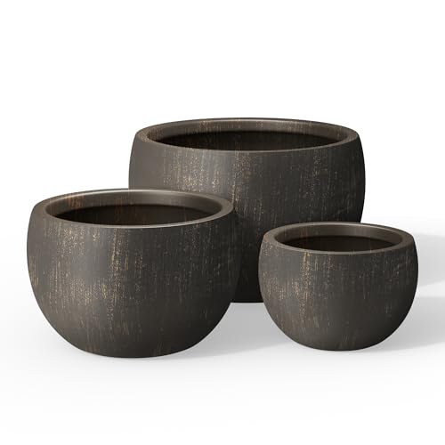 Kante 19.9",15.7",11.8" Dia Round Concrete Planter Set of 3, Outdoor/Indoor Large Bowl Plant Pots with Drainage Hole and Rubber Plug for Garden Patio Balcony Home, Oil Rubbed Bronze