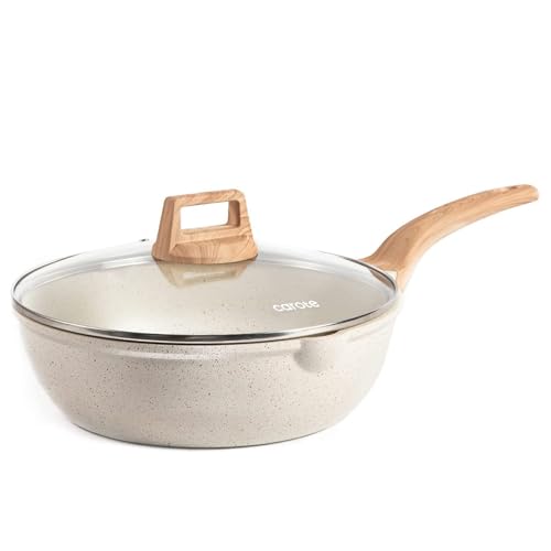 CAROTE 12Inch Nonstick Deep Frying Pan with Lid, 5.5 Qt Jumbo Cooker Saute Pan with Pour Spout, Skillet Induction Cookware, Non Stick Cooking Pan Kitchen Pan PFOA Free, White Granite
