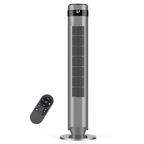 OLIXIS Tower Fan for Bedroom, 28dB Quiet Floor Standing Fan with Remote, 12H Timer, 5 Speeds, 4 Modes, LED Display, Portable Bladeless Oscillating Cooling Fan for Indoor, Home, Office - Grey