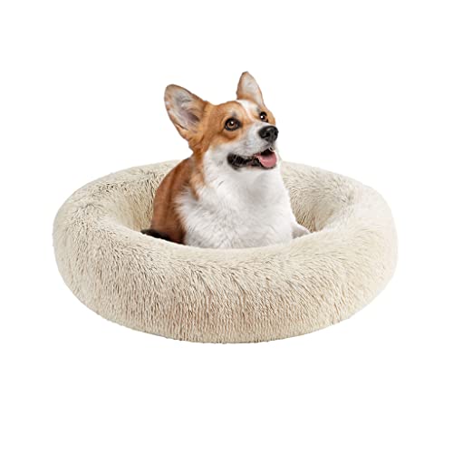 Friends Forever Calming Dog Bed for Medium Dogs, Donut Medium Pet Bed, 30 Inches Memory Foam Orthopedic Dog Bed with Fluffy Plush Faux Fur, Machine Washable, Serena Tan, 30"x23"x6.5"