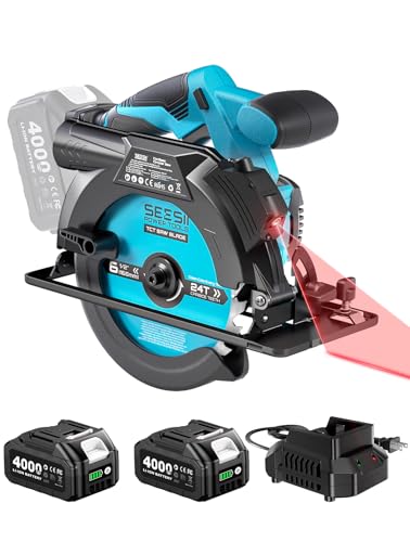 Seesii 6-1/2" Cordless Circular Saw with Laser, 5200 RPM Electric Compact Saw with 2x 4.0Ah Batteries and Charger, Lightweight and Power Design for Wood Cutting, DIY Framing & Home Renovation