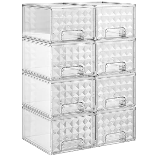 Delamu 8 Pack Stackable Storage Drawers, Makeup Skincare Holder Vanity Storage Organizer, Plastic Drawers For Vanity Desk, Undersink, Kitchen Cabinet, Pantry, Clear, Ideal Gifts for Women