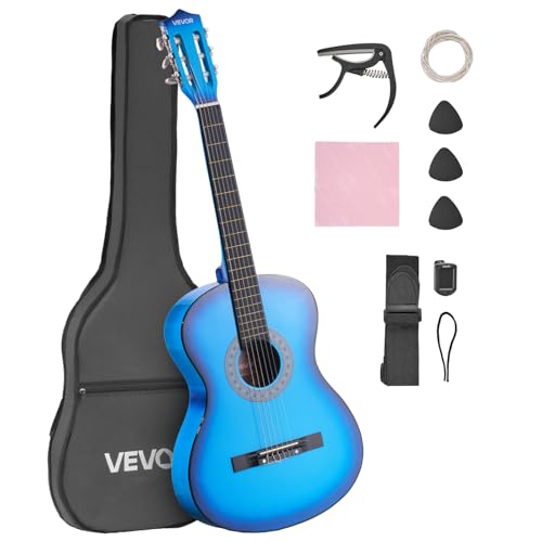VEVOR 38 Inch Beginner Acoustic Guitar, Classical Guitar Full Starter Kit with Nylon Strings, Gig Bag, Strap, Tuner, Extra Strings, Pick, Capo, for Teenagers Adults Students Youth, Blue