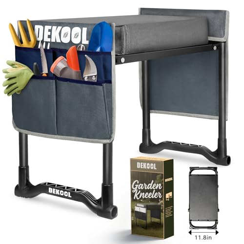 Dekool Garden Kneeler and Seat with Upgraded Wide & 3" Thick Kneeling Pad, Heavy Duty Garden Stool with 2 Large Tool Bags, Portable Bench for Weeding, Gardening Gifts for Women, Men, Seniors, Grey