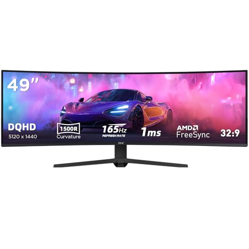 49 Inch Ultrawide Curved Gaming Monitor, 5K Display Dual QHD 5120x1440, 165Hz 1ms, 1500R VA Large Curved Monitor for Mac & Work, with FreeSync G-Sync Compatible, HDMI/DP Ports, Blue Light Filter, VESA