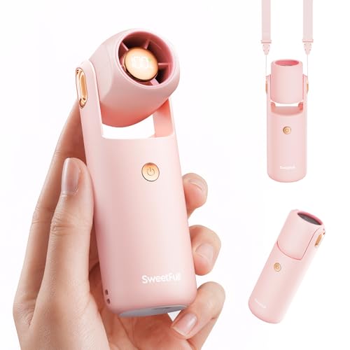 SWEETFULL Portable Mini Handheld Fan - 4.9 Inch Rechargeable Personal Turbo Hand Fan with 5 Speeds, 17000RPM, 315° Adjustable, Pocket Fans for Makeup & Lash, Travel Essentials, Gifts for Women (Pink)