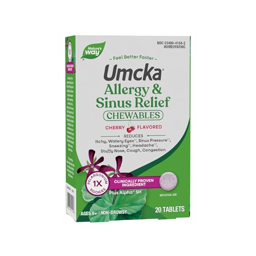 Nature's Way Umcka Allergy & Sinus Relief Chewables, Sneezing*, Runny Nose*, Headache*, Congestion, Non-Drowsy, Homeopathic Allergy Relief, Cherry Flavored, 20 Tablets (Packaging May Vary)