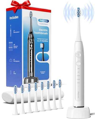 Onlyone Sonic Electric Toothbrush for Adults, Rechargeable Ultrasonic Electric Toothbrush with 8 Brush Heads, Travel Case, Charging Base & Wireless Charging - 5 Modes with Smart Timer