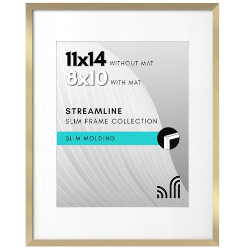 Americanflat 11x14 Picture Frame with Shatter-Resistant Glass - Use as 8x10 Frame with Mat or Display 11x14 Photo Without Mat - Streamline Collection - Thin Border Picture Frames for Wall - Gold