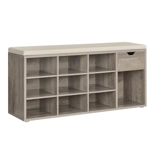 VASAGLE Custos Collection - Storage Bench, Entryway Bench with Cushion, Drawer and Open Compartments, Bench with Storage, Living Room, Bedroom, Closet, Heather Greige and Cappuccino Beige ULHS024K02
