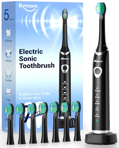 Bymore Electric Toothbrush for Adults, Sonic Rechargeable Toothbrush with 8 Brush Heads, 330-Day Battery, 5 Cleaning Modes & 2-Min Timer, Travel-Friendly Ultra Clean Design – Black