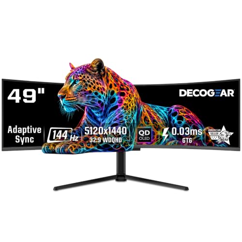 Deco Gear OLED 49 Inch Curved Monitor, 5K2K 5120×1440 Ultrawide Dual QHD, 144HZ, 0.03ms, 32:9 HDR400, Adaptive Sync, R1800 Premium 100% sRGB 90W USB-C, Built-in Speakers Height Adjustable Stand