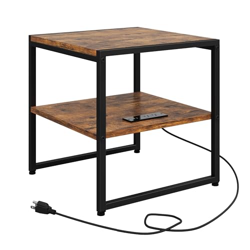 Tatub 20IN End Table with Charging Station, Rustic Brown Square Side Table with USB Ports & Outlets, Versatile Mini Fridge Table Printer Stand Nightstand for Bedroom Living Room