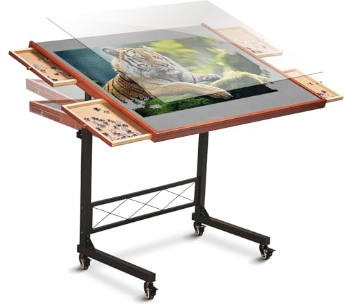 JoyBerri Puzzle Station – 1500 Piece Jigsaw Puzzle Table with Drawers & Adjustable Legs, Portable & Height Adjustable for All Ages, Includes Station Cover & Bonus 1000 Piece Puzzle
