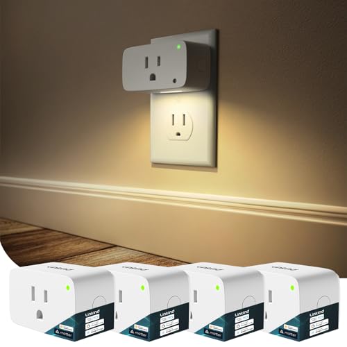 Linkind Matter Smart Plug 4 Pack, Night Lights Plug into Wall, Work with Alexa, Apple Home, Google, Timer Outlet 15A/1800W, ETL Certified, 2.4G WiFi, Dusk to Dawn 2700K, for Hallway, Bathroom, Kids