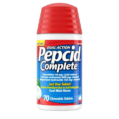 Pepcid Complete Acid Reducer + Antacid Chewable Tablets, 10mg Famotidine, 800mg Calcium Carbonate & 165mg Magnesium Hydroxide per Heartburn Medicine Tablet, Antacid Chews, Mint Flavored, 70 ct
