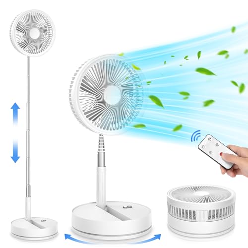 Portable Foldable Rechargeable Oscillating Fan - 8.6" 8000mah Battery Operated USB C Small Fan with Remote Quiet Table Desk Fan Folding Standing Pedestal Fan for Bedroom Rome Office Camping Travel