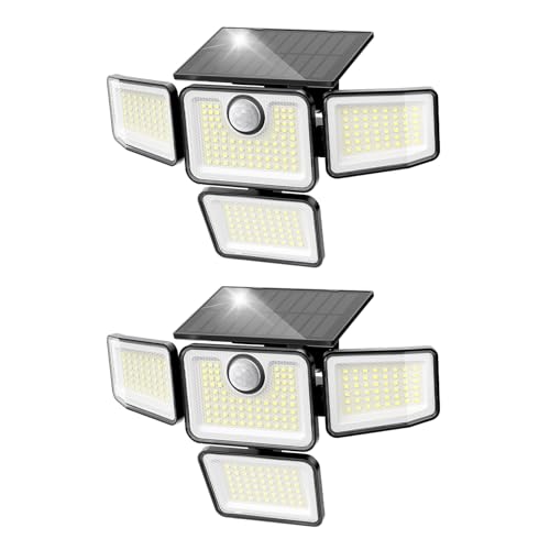 omibee 3000LM Solar Lights Outdoor, 4 Adjustable Heads Motion Sensor Security Light, 3 Modes, 6500K, IP65 Waterproof Solar Wall Flood Lights for Garden, Outside, Backyard, 2 Pack