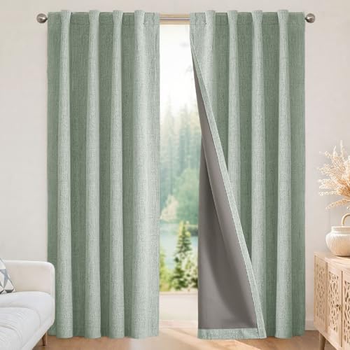 Joydeco Blackout Curtains for Bedroom - 108 Inch Long 100% Light Blocking 2 Panels Sage Green Drapes, Thermal Insulated Room Darkening Curtains, Linen Textured for Living Room, Rod Pocket & Back Tabs