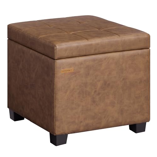 SONGMICS Square Storage Ottoman, Foot Stool Footrest with Legs, Ottoman Cube with Hinged Lid, for Living Room, Bedroom, 16.9 x 16.9 x 18.1 Inches, Synthetic Leather, Coffee Brown ULOM519KQ01